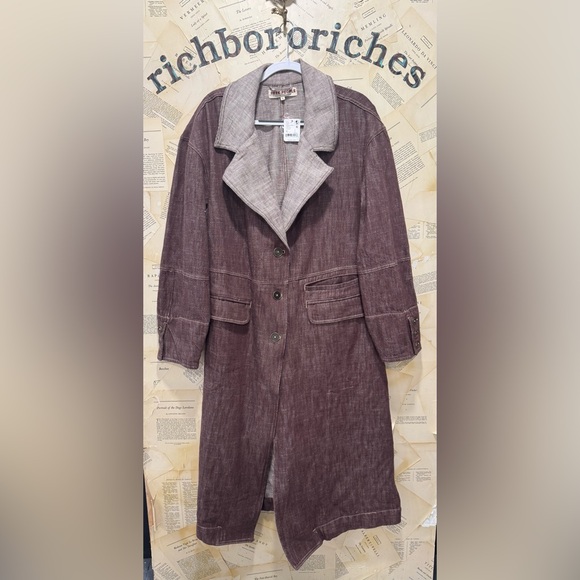 Free People Micah Wash Duster Maxi Flap Pockets Button Lapels Brown Combo - Picture 4 of 6